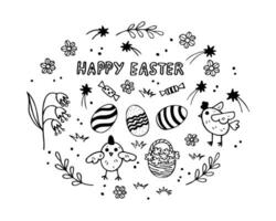 Happy Easter sketch doodle hand drawn vector illustration. Spring background card design with chickens, plants, stars,dyed eggs, festive motif. For congratulation, print, paper, poster, template, web