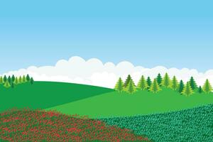 Illustration of green mountain flower field with pine trees and gradient blue sky background. vector