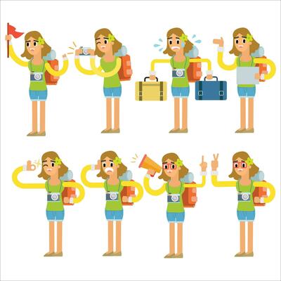 Set of various poses and emotions of a tourist girl. Vector illustration