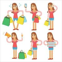 Cartoon girl holding shopping bags and using smartphone. Vector illustration.