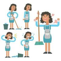 Cleaning lady character in different actions. Vector illustration in cartoon style.
