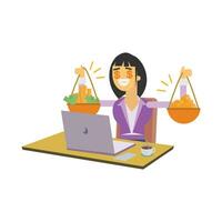 Woman working at the laptop in the office. Vector flat illustration.