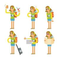 Tourist girl character set. Vector illustration in flat cartoon style.