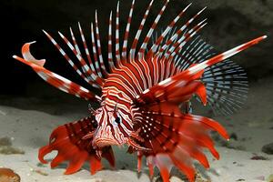 AI generated Red lionfish - one of the dangerous coral reef fish. Neural network AI generated photo