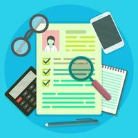 job applicant document with magnifying glass, cellphone and notebook icon vector