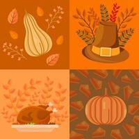 The icons for Thanksgiving are pumpkins, hats and turkey dishes vector