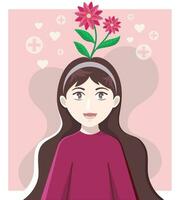 mental salud ilustración con un sonriente niña y flores en su cabeza vector
