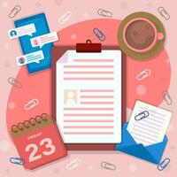 illustration of a job applicant's biodata file with calendar, cup of a coffee and electronic mail icons vector