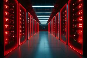 AI generated Data processing center. Server room in red light. Neural network AI generated photo