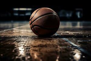 ai generado baloncesto pelota en un oscuro antecedentes. neural red ai generado foto