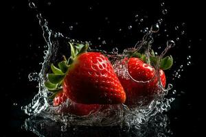 ai generado fresas y salpicaduras de agua en un negro antecedentes. neural red ai generado foto