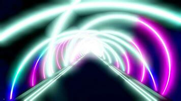 Moving Forward Inside Futuristic Tunnel with Glowing Neon Lights, Stars and Space In Background video