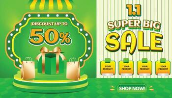 1 1 JANUARY SUPER BIG SALE GREEN YELLOW PROMO DISCOUNT 50 PERCENT BACKGOUND TEMPLATE SOCIAL MEDIA vector