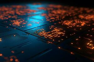 AI generated Close-up view of a modern GPU card with circuit and colorful lights and details. Neural network AI generated photo