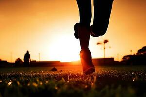 AI generated Close-up, women's feet in sneakers in nature. Concept of running, active lifestyle. Neural network AI generated photo