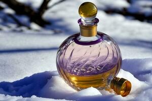 AI generated Perfume bottle in the snow, winter, fresh cold fragrance concept. Neural network generated art photo