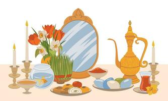 productos para el internacional día de navruz. iraní nuevo año es un sagrado día y religioso fiesta de zoroastrianos y bahá'ís. espejo, verde césped, dulces, velas, vinagre, flores plano vector. vector