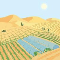 Landscape with vegetable beds in the desert. Restoring land fertility and combating desertification. vector