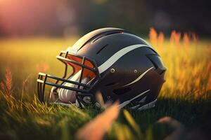 AI generated American football helmet on green grass. Neural network AI generated art photo