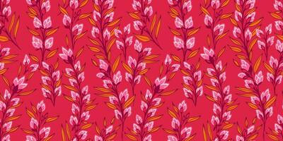 Seamless creative, stylized abstract with branches leaf, leaves with tiny burgeon flowers, buds. Vector hand drawn sketch. Colorful red retro floral print. Design for fashion, fabric, wallpaper