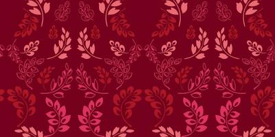 Seamless pattern abstract tiny leaves branches, drops, ornament.  Vector hand drawn sketch. Simple monotone burgundy floral tapestry background. Design for fabric, fashion, textile, wallpaper