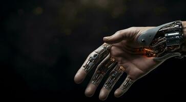 AI generated close-up of AI robot hand, AI robot hand on technology background, bionic robots hand close up, half human half robotic hand photo