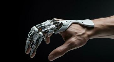 ai generado de cerca de ai robot mano, ai robot mano en tecnología fondo, biónico robots mano cerca arriba, medio humano medio robótico mano foto