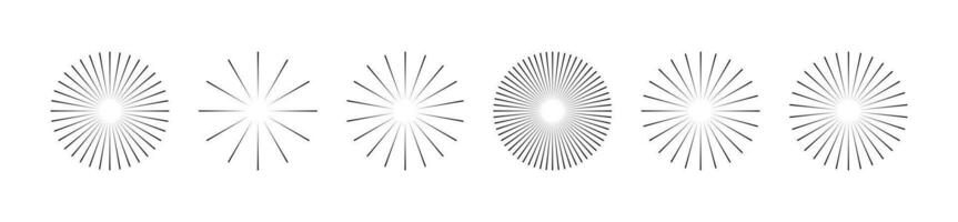 Starburst stripe round set. Ray lines emanate from the center of the circle. Pack of geometric elements. Isolated vector illustration on white background.