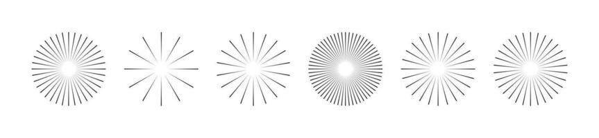Starburst stripe round set. Ray lines emanate from the center of the circle. Pack of geometric elements. Isolated vector illustration on white background.