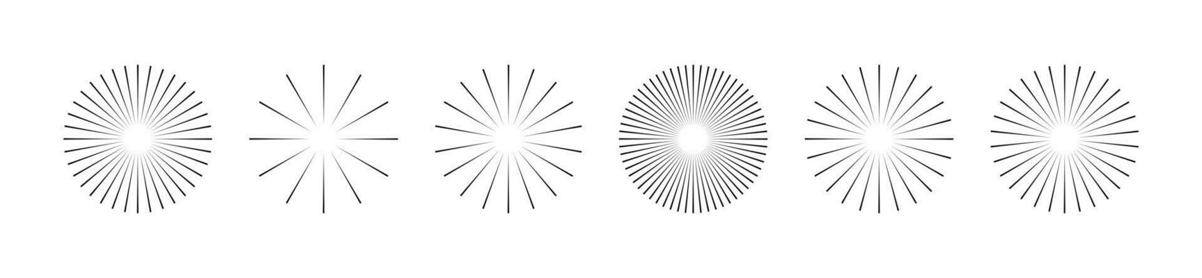 Starburst stripe round set. Ray lines emanate from the center of the circle. Pack of geometric elements. Isolated vector illustration on white background.