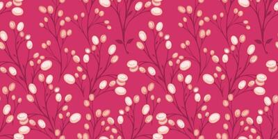 Vector hand drawn stylized branches with berries  intertwined in a seamless pattern. Abstract, creative, simple  floral stem and dots, drops burgundy print. Template for design