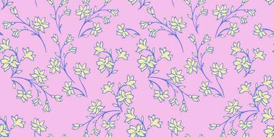 Gentle tiny branches flowers and buds seamless pattern. Vector hand drawn sketch. Ditsy silhouettes botanical simple pink background. Abstract artistic wild floral printing. Design for fabric