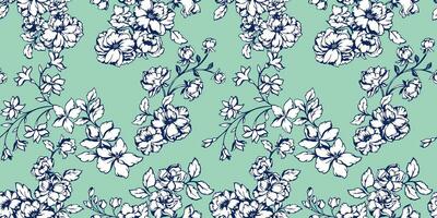 Seamless beautiful blooming in many kinds flowers pattern. Gentle, elegant,  artistic ditsy branches  floral print. Vector hand drawn. Template for design