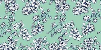 Seamless beautiful blooming in many kinds flowers pattern. Gentle, elegant,  artistic ditsy branches  floral print. Vector hand drawn. Template for design