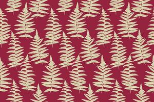 Seamless art shape leaves fern pattern. Vector hand drawn. Abstract stylized silhouettes leaf stems print on a burgundy background. Design for fashion, fabric, wallpaper