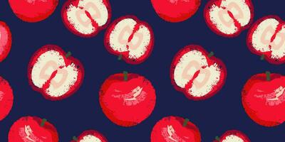 Vector hand drawn sketch textured apple print. Seamless pattern with red apples and apples slices on a dark blue background. Summer creative fruits back. Fashionable template for design