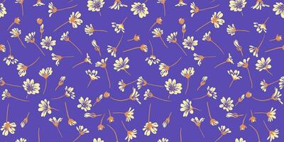 Vibrant summer simple floral pattern on a violet background. Vector hand drawn sketch. Creative tiny shape wild flowers seamless printing. Design for fashion, fabric, and textile.