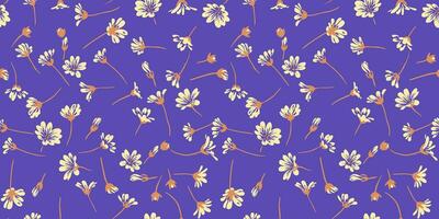 Vibrant summer simple floral pattern on a violet background. Vector hand drawn sketch. Creative tiny shape wild flowers seamless printing. Design for fashion, fabric, and textile.