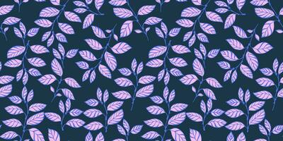 Vector hand drawn creative stylized leaf stems intertwined in a seamless pattern. Elegant, abstract, simple, blue branches leaves on a black background. Template for design, textile, fashion, fabric
