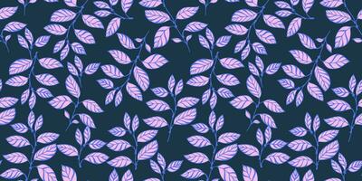 Vector hand drawn creative stylized leaf stems intertwined in a seamless pattern. Elegant, abstract, simple, blue branches leaves on a black background. Template for design, textile, fashion, fabric