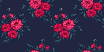 Seamless artistic pattern with bouquets graphic spring flower Globe, Trollius and  leaves. Blooming elegant  red floral print ona dark background. Vector hand drawn. Template for design, fashion