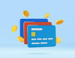 3d Credit card, floating coins around vector