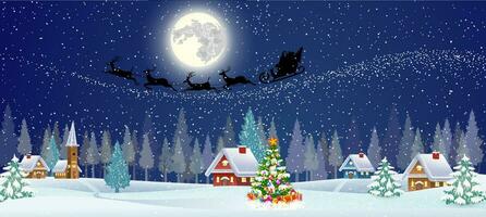 background with christmas tree and night village vector