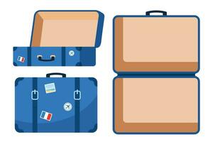 Retro leather suitcase with metal corners, belts and handle. Suitcase, open and closed, ready for packing. Front and top view. Preparing for the trip. Vacation and travel concept. Vector illustration.