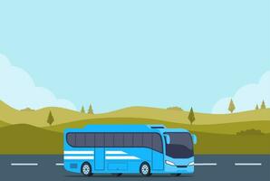 Traveling by bus. Tourist buses drive along road towards trip adventure. Travel agency commercial advertising, summer vacation tourism background. Vector illustration.
