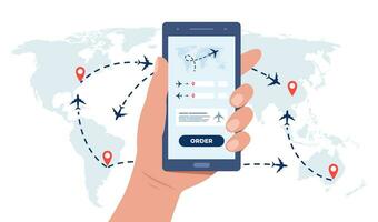 Hand with phone and mobile application for ordering tickets. World map with airplanes and pins. Vector illustration.