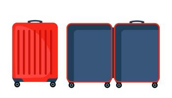 Empty open suitcase, travel concept. Empty and closed modern wheeled suitcase ready for packing. Preparing for the trip. Vector illustration.