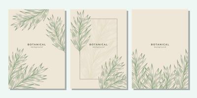 Set of tropical templates with linear fern texture. Light green line palm leaf on beige background. Botanical line art. vector