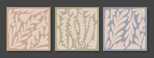 Set of wall art with plants silhouettes. Collage with curly branches with grunge texture. Retro style abstract minimalist art mural illustration. Collection of simple floral patterns vector