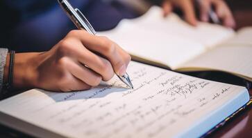 ai generado persona firma un documento, persona escritura en un computadora portátil, de cerca de hombre de negocios mano escritura en un cuaderno con bolígrafo, persona escritura con bolígrafo foto